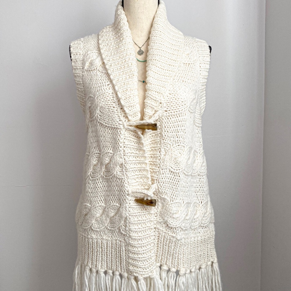 RUBY RD. Cream Boho Fringe Knit Sweater Vest SIZE PM